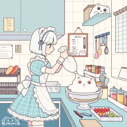Rule 34 | 1girl, animal ears, apron, artist name, bag, bear, bear ears, blue eyes, blush stickers, dress, emma (kumaema), frilled dress, frills, from side, grey shirt, hands up, highres, holding, holding bag, kitchen, maid, maid apron, maid headdress, original, pastry bag, puffy short sleeves, puffy sleeves, shirt, short hair, short sleeves, solo, thighhighs, white thighhighs, wrist cuffs