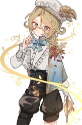 Rule 34 | 1boy, :&lt;, belt, blonde hair, blue bow, blue eyes, bow, capelet, corset, edgar valden, facial mark, feathers, gold trim, hat, highres, identity v, itsuki 1299, long sleeves, looking down, male focus, paint, paintbrush, plant, ponytail, shorts, solo, sparkle