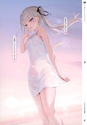 Rule 34 | 1girl, absurdres, bare shoulders, casual one-piece swimsuit, covered navel, gradient sky, highres, kouhai-chan (mignon), long hair, mignon, one-piece swimsuit, original, outdoors, purple eyes, scan, see-through, simple background, sky, sleeveless, solo, sunset, swimsuit, thighs, translation request, twintails, white hair, white one-piece swimsuit