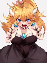 Rule 34 | 1girl, absurdres, armlet, artist request, bare shoulders, black dress, blue eyes, blush, bowsette, breasts, collar, commentary request, crown, dress, earrings, eyebrows, fangs, grey background, highres, horns, jewelry, large breasts, long hair, looking at viewer, mario (series), nail polish, new super mario bros. u deluxe, nintendo, open mouth, pointy ears, ponytail, simple background, solo, spiked armlet, spiked collar, spikes, super crown, teeth