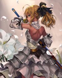 Rule 34 | 1girl, ahoge, armor, armored dress, artoria pendragon (fate), bare back, bare shoulders, blonde hair, bow, detached sleeves, dress, excalibur (fate/stay night), fate/stay night, fate/unlimited codes, fate (series), flower, gauntlets, green eyes, hair bow, long hair, looking at viewer, momoko (momopoco), petals, ponytail, saber (fate), saber lily, solo, sword, weapon
