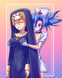Rule 34 | 2girls, blonde hair, blue hair, breasts, choker, cleavage, closed eyes, cross, cross necklace, double (skullgirls), eyepatch, gloves, grabbing, grabbing another&#039;s breast, grabbing from behind, habit, hair over one eye, hat, highres, inverted cross, jewelry, large breasts, mask, mouth mask, multiple girls, necklace, nun, nurse, nurse cap, ponytail, red eyes, skullgirls, surgical mask, traditional nun, valentine (skullgirls), volk (bo-tan), white gloves, yuri
