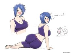 Rule 34 | 1girl, aqua (kingdom hearts), ass, bare shoulders, barefoot, blue eyes, blue hair, blush, breasts, cleavage, dimples of venus, female focus, full body, huge ass, kingdom hearts, kingdom hearts birth by sleep, large breasts, matching hair/eyes, pantylines, short hair, simple background, sweat, theundeadeel, white background