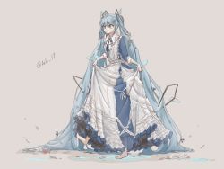 Rule 34 | 1girl, absurdly long hair, barefoot, beige background, blue dress, blue eyes, blue hair, commentary, dress, flower, frilled dress, frills, full body, hair flower, hair ornament, hatsune miku, highres, long hair, looking down, ripples, skirt hold, solo, tolu 39, twintails, twitter username, two-tone dress, very long hair, vocaloid, walking, white dress