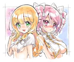 Rule 34 | 2girls, blonde hair, blush, breasts, cleavage, covered erect nipples, drill hair, green eyes, hair ribbon, jashin-chan dropkick, large breasts, long hair, looking at viewer, multiple girls, no bra, open mouth, pink eyes, pink hair, pino (jashin-chan dropkick), poporon (jashin-chan dropkick), ribbon, small breasts, twin drills, underboob, upper body