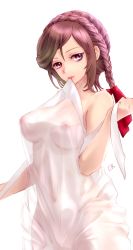 Rule 34 | 1girl, bad id, bad pixiv id, blush, braid, breasts, brown eyes, brown hair, covered erect nipples, crown braid, hair ribbon, large breasts, mouth hold, navel, nipples, original, pukel, ribbon, see-through, see-through silhouette, short hair, simple background, solo, white background