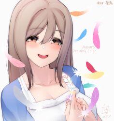 Rule 34 | 1girl, :d, blue jacket, blush, brown eyes, brown hair, commission, dress, feathers, holding, jacket, kunikida hanamaru, long hair, looking at viewer, love live!, love live! sunshine!!, nasuno (nasuno42), open mouth, skeb commission, smile, solo, white dress