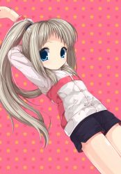 Rule 34 | 1girl, arms up, jacket, little busters!, long hair, noumi kudryavka, ponytail, shorts, silver hair, yupachi