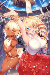 Rule 34 | 2girls, :d, armpits, axe, blonde hair, blue eyes, blush, bracelet, breasts, cleavage, colosseum, confetti, crowd, dark-skinned female, dark skin, doris (tanaka the wizard), drill hair, earrings, hair between eyes, highres, holding, holding sword, holding weapon, jewelry, large breasts, looking at viewer, m-da s-tarou, microphone, multiple girls, nail polish, open mouth, red eyes, red nails, rocoroco, short hair, side ponytail, sideboob, skirt, sleeveless, smile, staff, sword, tail, tanaka the wizard, tattoo, teeth, weapon