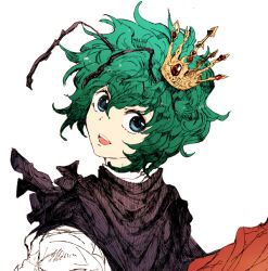 Rule 34 | 1girl, black cape, cape, commentary request, crown, green hair, grey background, looking at viewer, looking back, messy hair, open mouth, red cape, shin&#039;ichi (yokosuka220), shirt, short hair, simple background, smile, solo, touhou, two-sided cape, two-sided fabric, upper body, white shirt, wriggle day, wriggle nightbug