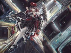 Rule 34 | 1girl, absurdres, alternate costume, beret, bird wings, black footwear, black hair, black hat, black wings, building, card, cityscape, colored inner hair, commentary, full body, hat, high heels, highres, holding, holding card, leaf print, long sleeves, maple leaf print, multicolored hair, open mouth, outdoors, red eyes, red hair, red hat, red nails, shameimaru aya, short hair, skyscraper, smile, snowpi, solo, touhou, wings