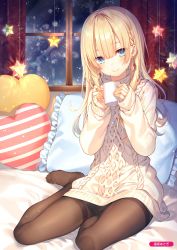 Rule 34 | 1girl, absurdres, aran sweater, artist name, bed sheet, black pantyhose, blonde hair, blue eyes, blush, braid, cable knit, closed mouth, cup, curtains, dot nose, earrings, fingernails, frills, full body, hair between eyes, heart, heart-shaped pillow, highres, holding, holding cup, indoors, jewelry, long hair, long sleeves, looking at viewer, melonbooks, mug, no shoes, pantyhose, pillow, red curtains, sitting, sleeves past wrists, smile, snowing, solo, star (symbol), striped, striped pillow, sweater, thighband pantyhose, toosaka asagi, white sweater, window