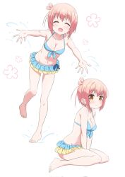 Rule 34 | 1girl, barefoot, bikini, blush, breasts, cleavage, closed eyes, closed mouth, collarbone, feet, female focus, flower, highres, ichinose hana, legs, looking at viewer, medium breasts, medium hair, navel, open mouth, outstretched arms, pink hair, simple background, sitting, slow start, smile, solo, standing, standing on one leg, swimsuit, warukusu, white background