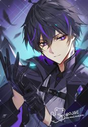 Rule 34 | 0jae, 1boy, bishounen, black gloves, black hair, blue background, blue hair, closed mouth, commentary request, commission, earrings, gloves, hair between eyes, jewelry, looking at viewer, male focus, multicolored hair, original, purple eyes, simple background, single earring, streaked hair, upper body
