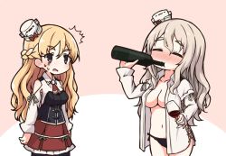 Rule 34 | 2girls, aki inu, alcohol, black panties, blonde hair, blush, bottle, braid, breasts, chugging, closed eyes, clothing cutout, corset, cup, drinking, drinking glass, french braid, grey hair, hat, holding, holding bottle, holding cup, kantai collection, long hair, long sleeves, mini hat, multiple girls, open clothes, panties, pantyhose, pola (kancolle), red skirt, shoulder cutout, simple background, skirt, sweat, thick eyebrows, underwear, wavy hair, wine, wine bottle, wine glass, zara (kancolle)
