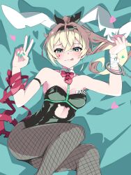 Rule 34 | 1girl, absurdres, animal ears, bandaged wrist, bandages, bare shoulders, black leotard, blonde hair, blush, bow, bowtie, breasts, brown pantyhose, card, cleavage, covered navel, detached collar, fake animal ears, fishnet pantyhose, fishnets, green eyes, green nails, highleg, highleg leotard, highres, leotard, long hair, looking at viewer, medium breasts, nail polish, original, pantyhose, playboy bunny, rabbit ears, red bow, smile, solo, strapless, strapless leotard, teardrop facial mark, tmo-cat, tongue, tongue out, traditional bowtie, v, wrist cuffs