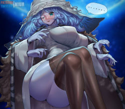 Rule 34 | ..., 1girl, alternate breast size, artist name, blue eyes, blue hair, blue skin, breasts, brown thighhighs, cloak, colored skin, crossed legs, elden ring, extra arms, fur cloak, hat, large breasts, niur, one eye closed, open mouth, ranni the witch, short hair, sitting, solo, spoken ellipsis, thighhighs, white hat, witch hat