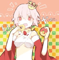 Rule 34 | 1girl, blush, breasts, commentary request, crown, detached sleeves, doughnut, food, gypsy (ragnarok online), hair between eyes, halterneck, holding, holding food, looking at viewer, medium breasts, open mouth, pekeko (pepekekeko), ragnarok online, red sleeves, short hair, solo, upper body