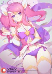 Rule 34 | 1girl, ahoge, alternate costume, alternate hair color, alternate hairstyle, bow, bowtie, brooch, choker, earrings, jewelry, laying in bed, league of legends, lux (league of legends), magical girl, nail polish, no pants, panties, pillow, pink hair, purple bow, purple bowtie, purple panties, side-tie panties, solo, songjikyo, star (symbol), star guardian (league of legends), star guardian lux, thighhighs, tiara, underwear, untied panties