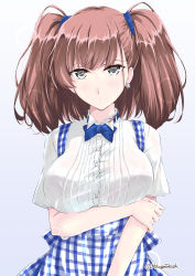 Rule 34 | 1girl, alternate costume, apron, arm under breasts, atlanta (kancolle), black eyes, blue apron, blue neckwear, blush, breasts, brown hair, earrings, employee uniform, gingham, jewelry, kantai collection, kobeya, kobeya uniform, large breasts, long hair, mikage takashi, short sleeves, simple background, single earring, solo, star (symbol), star earrings, twintails, twitter username, two side up, uniform