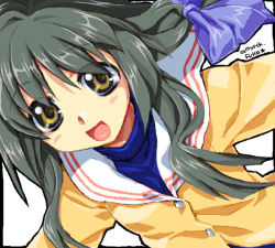 Rule 34 | 00s, 1girl, :d, blush, brown eyes, clannad, female focus, green hair, ibuki fuuko, long hair, long sleeves, looking at viewer, open mouth, outstretched arms, ribbon, satomi yoshitaka, school uniform, simple background, smile, solo, upper body, white background, yellow eyes