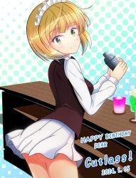 Rule 34 | 1girl, ass, blonde hair, blush, breasts, character name, closed mouth, cutlass (girls und panzer), dated, girls und panzer, happy birthday, highres, kumaisao, looking at viewer, maid headdress, miniskirt, no panties, short hair, skirt, small breasts, smile, solo, waitress, white skirt, yellow eyes