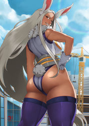 Rule 34 | 1girl, :d, animal ears, ass, back, blush, boku no hero academia, breasts, city, clothing cutout, cloud, cowboy shot, crane (machine), crescent print, dark-skinned female, dark skin, from behind, fur collar, gloves, hand on own hip, heattech leotard, highleg, highleg leotard, highres, large breasts, law kim, leotard, light rays, long eyelashes, long hair, looking at viewer, looking back, median furrow, mirko, open mouth, outdoors, parted bangs, purple thighhighs, rabbit ears, rabbit girl, rabbit tail, red eyes, signature, sky, sleeveless turtleneck leotard, smile, solo, sunlight, tail, tail through clothes, taut leotard, teeth, thick thighs, thighhighs, thighs, toned, turtleneck, very long hair, white gloves, white hair, white leotard