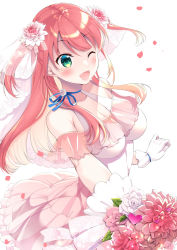 Rule 34 | 1girl, blonde pubic hair, breasts, bridal veil, bride, choker, cleavage, colored inner hair, dress, flower, frilled dress, frills, gloves, green eyes, hair flower, hair ornament, highres, large breasts, multicolored hair, one eye closed, open mouth, original, pink hair, rose, smile, solo, two-tone hair, two side up, veil, wedding dress, white dress, white flower, white gloves, white rose, yukino (yukinosora1126)