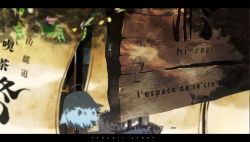 Rule 34 | 1girl, ahoge, backpack, bag, blue hair, blurry, bug, cicada, depth of field, female focus, french text, from above, from behind, hinanawi tenshi, bug, letterboxed, no headwear, no headwear, sign, siirakannu, solo, text focus, touhou, translated