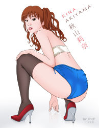 Rule 34 | 1girl, akiyama rina, ass, brown eyes, brown hair, female focus, gradient background, high heels, highres, lips, short shorts, shorts, solo, squatting, tagme, thighhighs, white background