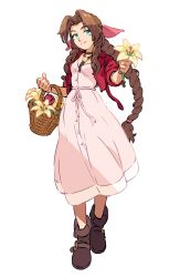 Rule 34 | 1girl, aerith gainsborough, bad id, bad twitter id, boots, braid, braided ponytail, breasts, brown footwear, brown hair, buttons, choker, cropped jacket, dress, final fantasy, final fantasy vii, final fantasy vii remake, flower, flower basket, flower choker, full body, green eyes, hair ribbon, highres, holding, holding flower, jacket, kevin hong, long dress, long hair, looking at viewer, medium breasts, parted bangs, pink dress, pink flower, pink ribbon, red jacket, ribbon, short sleeves, sidelocks, smile, solo, square enix, wavy hair, white background, yellow flower