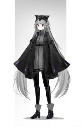 Rule 34 | 1girl, black footwear, black jacket, black pantyhose, boots, closed mouth, commentary request, copyright request, full body, grey hair, grey jacket, high heel boots, high heels, highres, jacket, long hair, long sleeves, open clothes, open jacket, pantyhose, purple eyes, shadow, sleeves past fingers, sleeves past wrists, smile, solo, standing, uryu (uryu0329), very long hair, wide sleeves