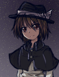Rule 34 | 1girl, bow, brown hair, capelet, dash (rararu), female focus, hat, hat bow, highres, magical astronomy, night, night sky, red eyes, short hair, sketch, sky, smile, solo, star (sky), starry sky, touhou, upper body, usami renko