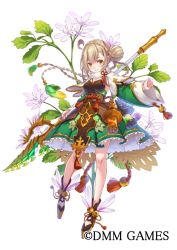 Rule 34 | 1girl, ahoge, bare legs, braid, brown hair, closed mouth, company name, dress, flower, flower knight girl, frills, full body, green dress, green sleeves, hair bun, holding, holding polearm, holding spear, holding weapon, leaf, long hair, looking at viewer, mataichi mataro, name connection, object namesake, official art, pakuchi (flower knight girl), polearm, shoes, simple background, single hair bun, smile, solo, spear, standing, weapon, white background, yellow eyes