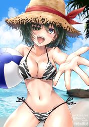 1girl absurdres animal_print ball beach beachball bikini blue_sky breasts cleavage cloud collarbone cowboy_shot day eyepatch female_focus foreshortening green_eyes green_hair hat highres kantai_collection kiso_(kancolle) kiso_kai_ni_(kancolle) kiso_kai_ni_(swimsuit)_(kancolle) looking_at_viewer medium_breasts navel outdoors outstretched_arms palm_tree rock short_hair side-tie_bikini_bottom sky solo straw_hat swimsuit tiger_print tree waves yaegashi_(muzzuleflash)