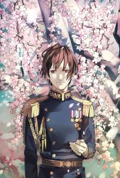 Rule 34 | 1boy, axis powers hetalia, cherry blossoms, epaulettes, japan (hetalia), male focus, military, military uniform, purple eyes, solo, sumi tooru, tree, uniform, upper body