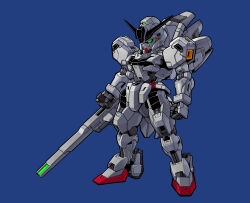 Rule 34 | absurdres, beam cannon, blue background, chibi, commentary, english commentary, full body, green eyes, gundam, gundam calibarn, gundam suisei no majo, highres, holding, holding cannon, holding weapon, mecha, mobile suit, no humans, rence, robot, sd gundam, solo, standing, thrusters, v-fin, weapon