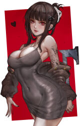 Rule 34 | 1girl, absurdres, axe, barcode, barcode tattoo, black nails, blunt bangs, blush, breast tattoo, breasts, brown dress, brown hair, butterfly tattoo, covered navel, d (killer wife) (nikke), d (nikke), dongtan dress, dress, evening gown, goddess of victory: nikke, hair ornament, hatchet (axe), heart, highres, holding, holding weapon, jewelry, large breasts, lips, long hair, looking at viewer, meme attire, nail polish, necklace, official alternate costume, red eyes, sherylnome, solo, tattoo, weapon