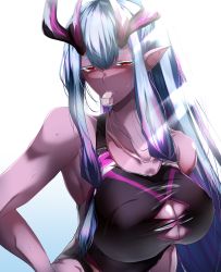Rule 34 | 1girl, absurdres, bare shoulders, black one-piece swimsuit, blue hair, blush, breasts, cleavage, collarbone, colored skin, competition swimsuit, dark-skinned female, dark skin, eyeliner, fate/grand order, fate (series), grey skin, hair between eyes, highres, holding, holding whistle, horns, ibuki douji (fate), ibuki douji (swimsuit berserker) (fate), ibuki douji (swimsuit berserker) (first ascension) (fate), large breasts, long hair, looking at viewer, makeup, mouth hold, multicolored hair, one-piece swimsuit, oni, oni horns, pink hair, pink one-piece swimsuit, pointy ears, red eyes, sidelocks, swimsuit, tgxx3300, two-tone swimsuit, whistle
