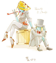 Rule 34 | 1boy, 1girl, adjusting clothes, adjusting headwear, ahoge, bad id, bad pixiv id, beauty (ghost trick), belt, bibio, black eyes, black gloves, blonde hair, blue skin, character name, colored skin, crate, crossed legs, dandy (ghost trick), dress, english text, flower, formal, ghost trick, gloves, hair over one eye, hand on headwear, hat, high heels, lipstick, makeup, necktie, pants, pantyhose, rose, shadow, shoes, short dress, short hair, signature, simple background, sitting, smoking pipe, suit, tuxedo, white background