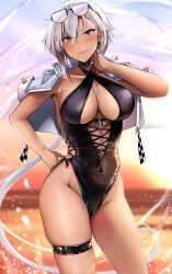 Rule 34 | 1girl, alternate costume, anchor necklace, anchor ornament, black choker, black one-piece swimsuit, breasts, brown eyes, choker, closed mouth, commentary request, contrapposto, covered navel, cowboy shot, criss-cross halter, cropped jacket, dark-skinned female, dark skin, eyewear on head, grey hair, groin, hair between eyes, halterneck, hand on own hip, highleg, highleg swimsuit, highres, jacket, jacket on shoulders, jewelry, kantai collection, large breasts, long hair, looking at viewer, musashi (kancolle), necklace, ocean, one-piece swimsuit, outdoors, skindentation, smile, solo, splashing, sunglasses, sunset, swimsuit, thigh strap, very long hair, white jacket, yunamaro