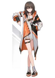 Rule 34 | 1girl, absurdres, ankle boots, bad id, bad twitter id, boots, brown hair, choker, crossed legs, full body, hand in pocket, highres, id card, jacket, leaning on object, looking to the side, medium hair, mixkechin, mole, mole under mouth, orange eyes, original, simple background, thigh strap, watson cross