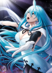 Rule 34 | 1girl, ahoge, android, black pantyhose, blue dress, blue eyes, blue hair, breasts, cape, cleavage, commentary request, dress, earrings, gloves, glowing tattoo, highres, jewelry, large breasts, light blue hair, long hair, lower teeth only, music, neck tattoo, open mouth, outstretched arms, pantyhose, singing, solo, tattoo, teeth, upper teeth only, very long hair, vivy, vivy: fluorite eye&#039;s song, white cape, white gloves, zaregoto tsukai no deshi
