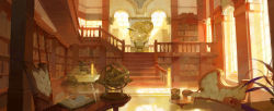 Rule 34 | a-shacho, book, book stack, bookshelf, chair, chinese commentary, clock, commentary, couch, cup, english commentary, globe, highres, indoors, ladder, masterwork apocalypse, mixed-language commentary, no humans, official art, open book, orange theme, scenery, stairs, sunlight, table, teacup