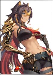 Rule 34 | 1girl, bare shoulders, black hair, blonde hair, blue eyes, breasts, dehya (genshin impact), fingernails, gauntlets, genshin impact, hair between eyes, hands on own hips, highres, kei (soundcross), large breasts, long hair, looking at viewer, midriff, multicolored hair, navel, parted lips, red nails, single gauntlet, smile, solo, stomach, two-tone hair, yellow pupils