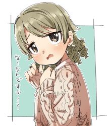 Rule 34 | 1girl, aran sweater, blue background, blush, brown eyes, brown hair, brown sweater, cable knit, earrings, from side, hands up, idolmaster, idolmaster cinderella girls, jewelry, long hair, long sleeves, morikubo nono, open mouth, puffy long sleeves, puffy sleeves, ringlets, solo, stud earrings, sweater, translation request, two-tone background, upper body, wavy mouth, white background, yukie (kusaka shi)