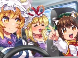 Rule 34 | 3girls, :3, = =, animal ears, animal hat, blonde hair, blush, bow, breasts, brown hair, can, car interior, cat ears, chen, choker, closed eyes, closed mouth, collarbone, commission, dress, driving, earrings, gloves, gold trim, green headwear, hat, holding, holding can, jewelry, large breasts, long sleeves, mob cap, multiple girls, open mouth, pmx, purple dress, red choker, ribbon choker, sample watermark, short hair, single earring, skeb commission, steering wheel, tabard, touhou, watermark, white bow, white gloves, white headwear, yakumo ran, yakumo yukari, yellow eyes