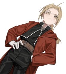 Rule 34 | 1boy, absurdres, ahoge, belt, black jacket, black pants, black shirt, blonde hair, braid, braided ponytail, cbow, coat, cowboy shot, dutch angle, edward elric, frown, fullmetal alchemist, furrowed brow, gloves, hands on own hips, highres, hood, hooded coat, jacket, long hair, long sleeves, looking at viewer, looking down, male focus, open clothes, open coat, pants, parted bangs, red coat, shirt, simple background, single braid, solo, standing, white background, white gloves, yellow eyes