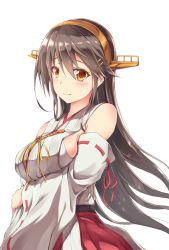 Rule 34 | 10s, 1girl, awa yume, black hair, breasts, brown eyes, hairband, haruna (kancolle), headgear, japanese clothes, kantai collection, long hair, nontraditional miko, simple background, smile, solo
