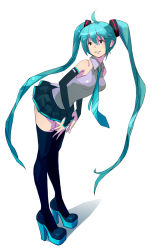 Rule 34 | 1girl, ahoge, aqua hair, boots, detached sleeves, full body, hatsune miku, high heel boots, high heels, highres, leaning forward, long hair, necktie, platform footwear, platform heels, shoes, simple background, skirt, solo, thigh boots, thighhighs, twintails, very long hair, vocaloid, white background
